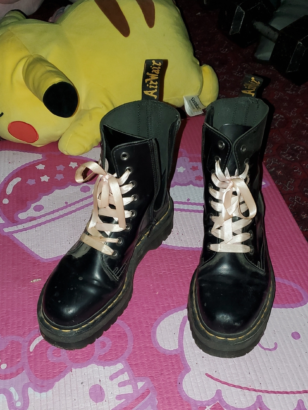 Dr. Martens Black Combat Boots with Pale Pink Satin Laces